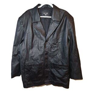 Junction West 100% leather jacket Men's large Black lined Winter fall Buttons